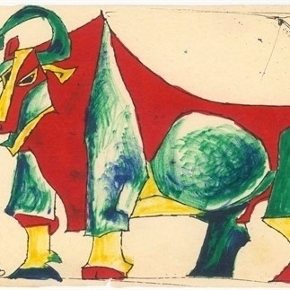 Yuan Yunsheng, Ox，Watercolor and pen on paper,19.5x27.5cm, 1980