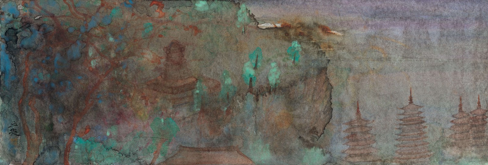 银山塔林，银笺设色，34×100cm，2021年.jpg