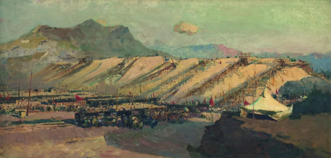 Wang Shikuo, Ming Tombs Reservoir Construction Site 3, 1958, 60cm×120cm, oil on canvas, Collection of CAFA Art Museum.png